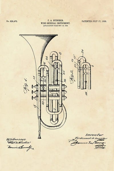 Music Blueprints: Wind Musical Instrument Patent II by Paul Rommer
