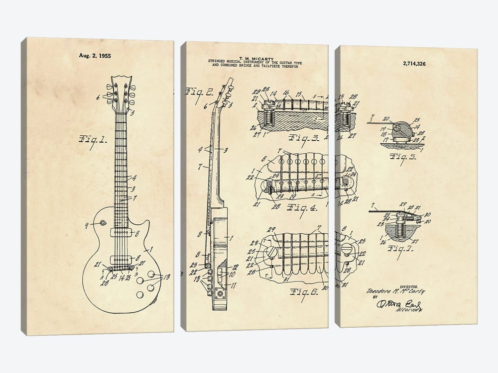 Electric Guitar Patent II by Paul Rommer 3-piece Canvas Art
