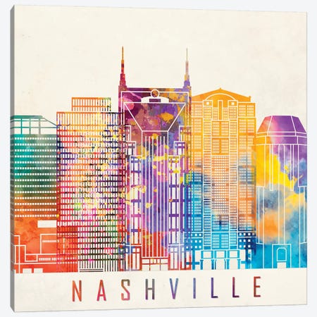 Nashville Landmarks Watercolor Poster Canvas Print #PUR523} by Paul Rommer Canvas Art Print