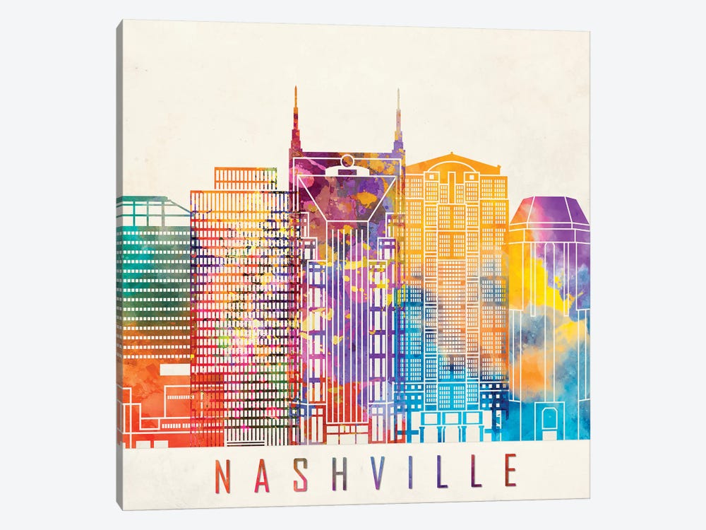 Nashville Landmarks Watercolor Poster by Paul Rommer 1-piece Canvas Art