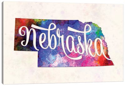 Nebraska US State In Watercolor Text Cut Out Canvas Art Print - State Maps