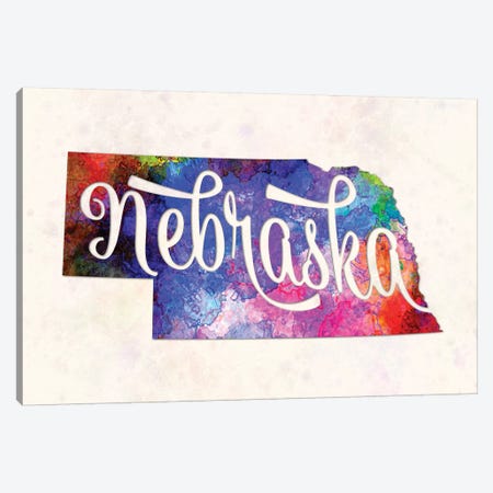 Nebraska US State In Watercolor Text Cut Out Canvas Print #PUR525} by Paul Rommer Canvas Wall Art