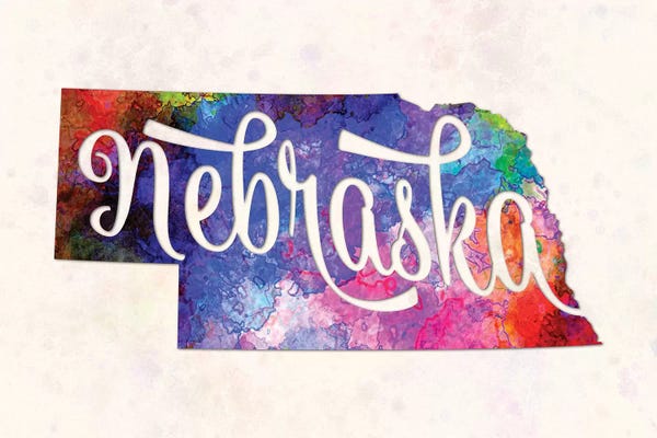 Nebraska: Nebraska US State In Watercolor Text Cut Out by Paul Rommer