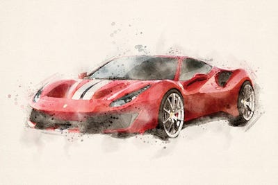 パープルページ Ferrari 488 In Watercolor - IV Canvas - Canvas Wall Art | Paul Rommer