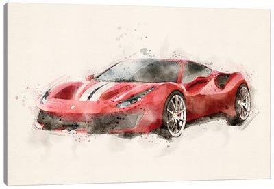 Ferrari 488 In Watercolor - IV Canvas Art Print - Ferrari