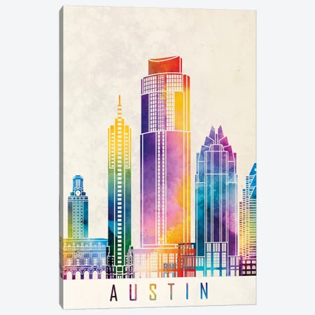 Austin Landmarks Watercolor Poster Canvas Print #PUR52} by Paul Rommer Art Print