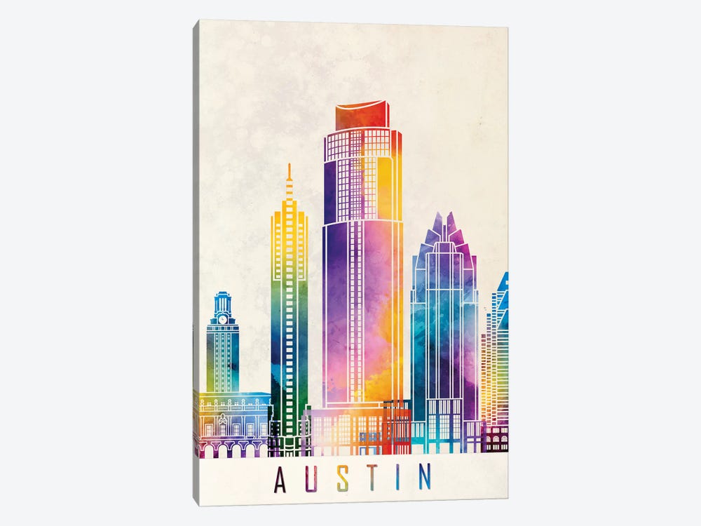 Austin Landmarks Watercolor Poster by Paul Rommer 1-piece Canvas Art Print