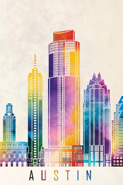 Austin Skylines: Austin Landmarks Watercolor Poster by Paul Rommer