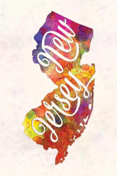 New Jersey: New Jersey US State In Watercolor Text Cut Out by Paul Rommer