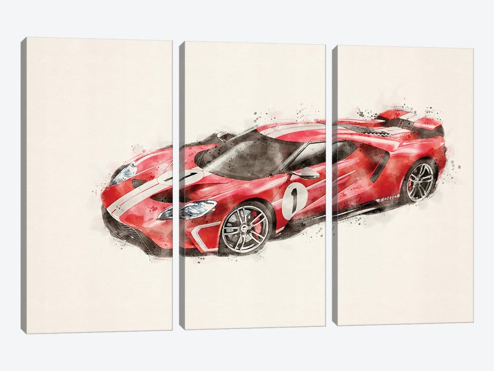 Ford Tuning  Gt In Watercolor vII by Paul Rommer 3-piece Canvas Artwork