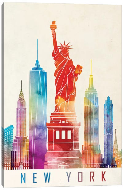 New York Landmarks Watercolor Poster Canvas Art Print - Famous Monuments & Sculptures