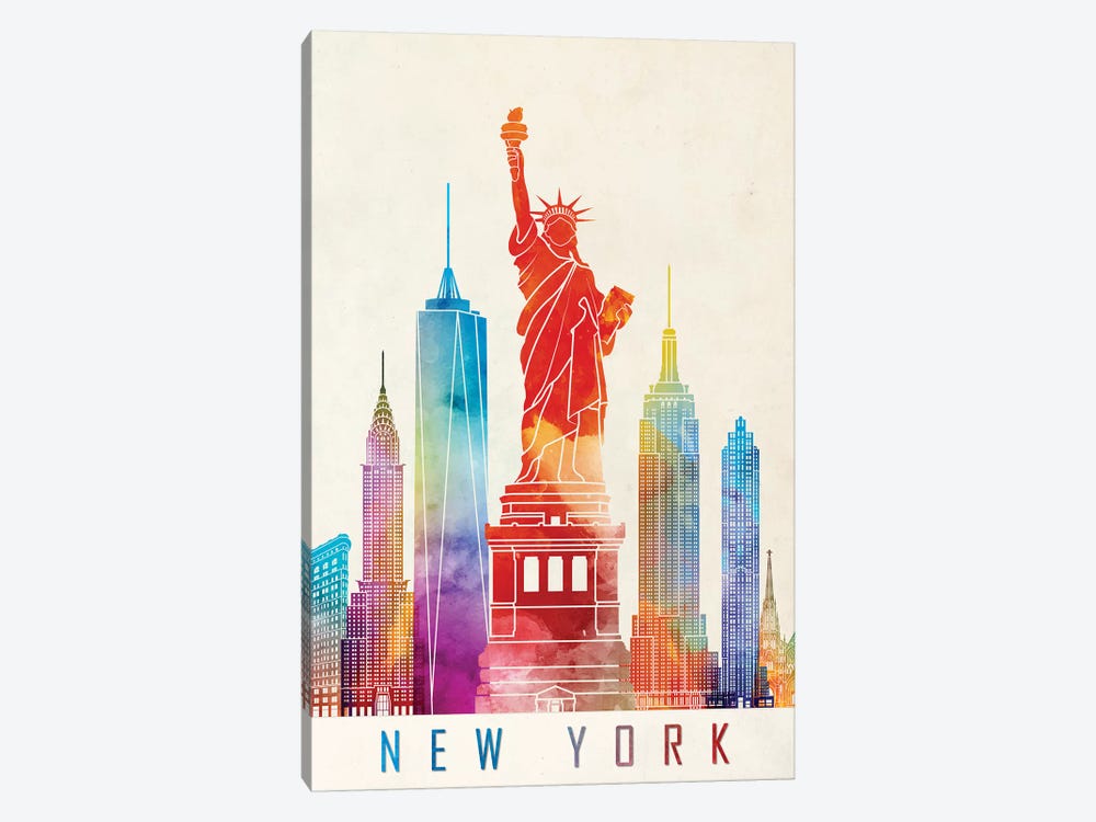 New York Landmarks Watercolor Poster by Paul Rommer 1-piece Canvas Artwork