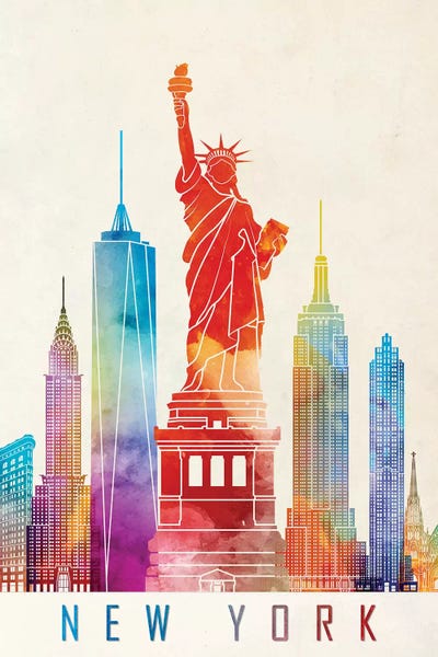 New York City Skylines: New York Landmarks Watercolor Poster by Paul Rommer