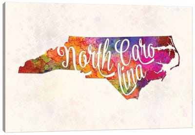 North Carolina US State In Watercolor Text Cut Out Canvas Art Print - State Maps