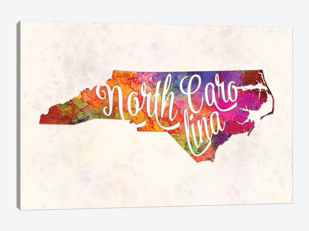 North Carolina US State In Watercolor Text Cut Out by Paul Rommer 1-piece Canvas Wall Art