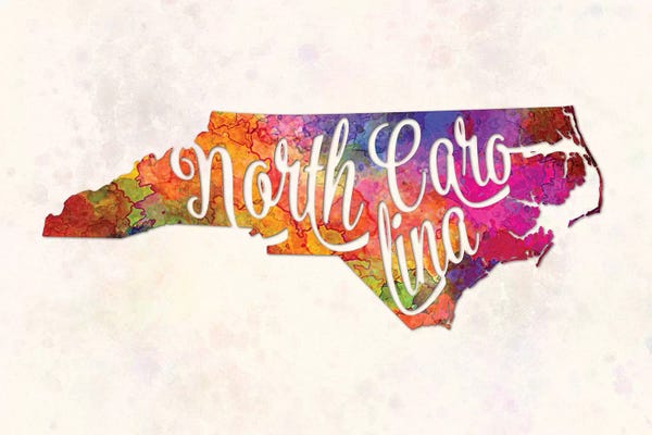 North Carolina: North Carolina US State In Watercolor Text Cut Out by Paul Rommer