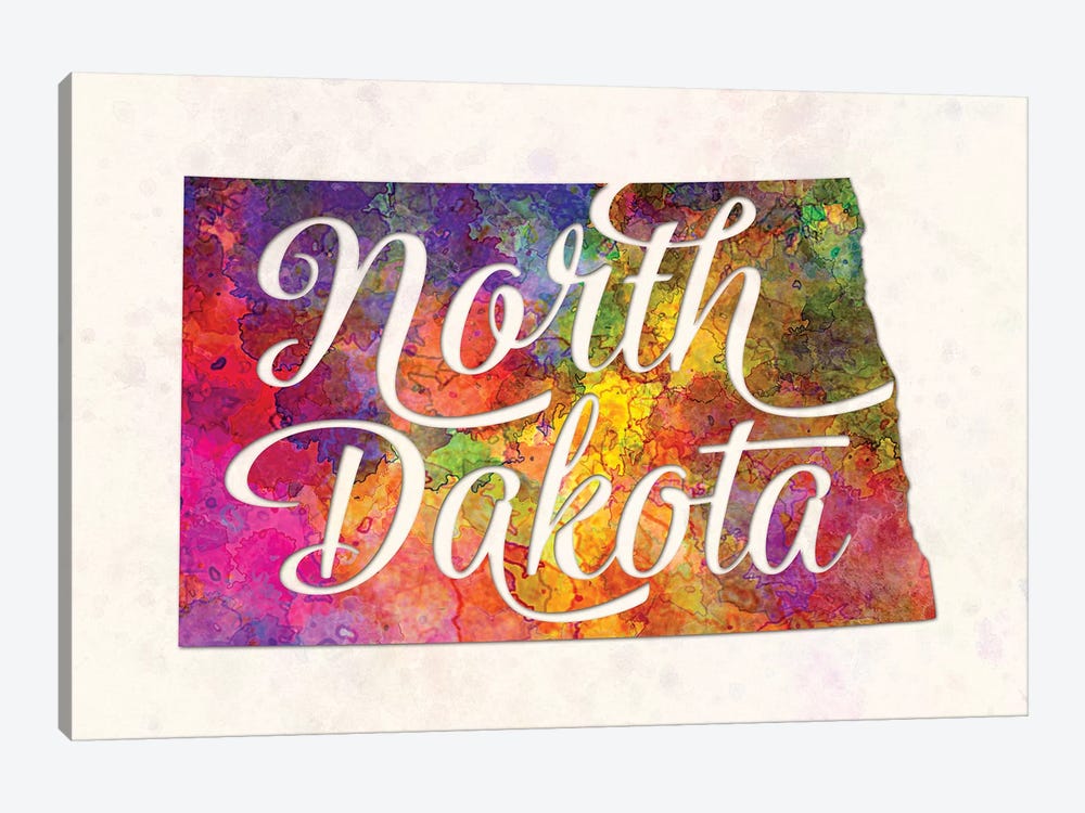 North Dakota US State In Watercolor Text Cut Out by Paul Rommer 1-piece Art Print