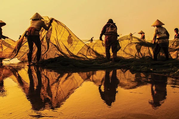 Lake Sunrises & Sunsets: Fishermen In Vietnam III by Paul Rommer
