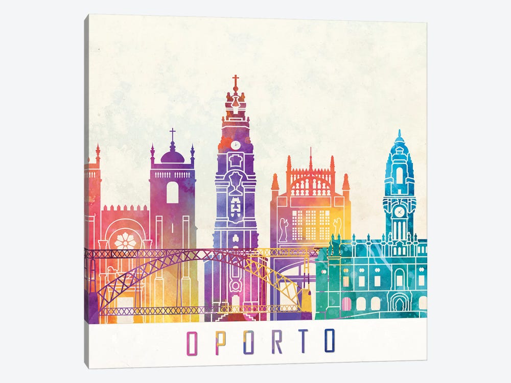 Oporto Landmarks Watercolor Poster by Paul Rommer 1-piece Canvas Art