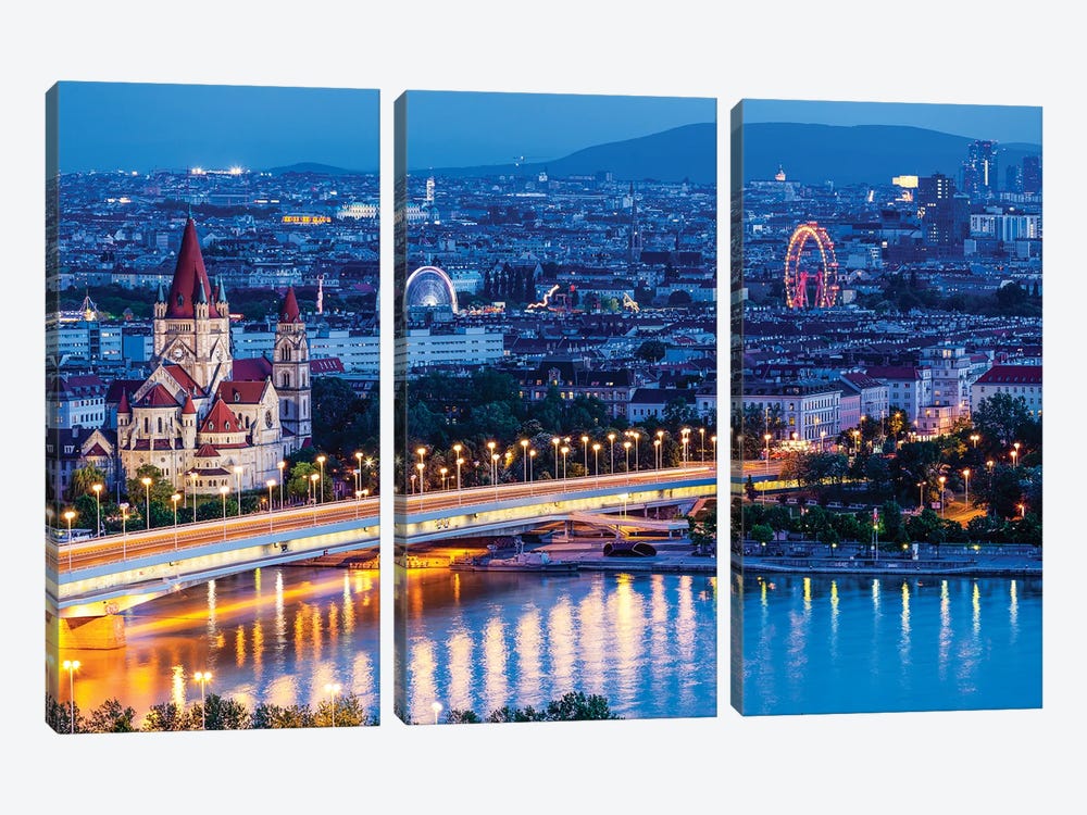 Vienna Aerialview At Night Austria by Paul Rommer 3-piece Canvas Wall Art