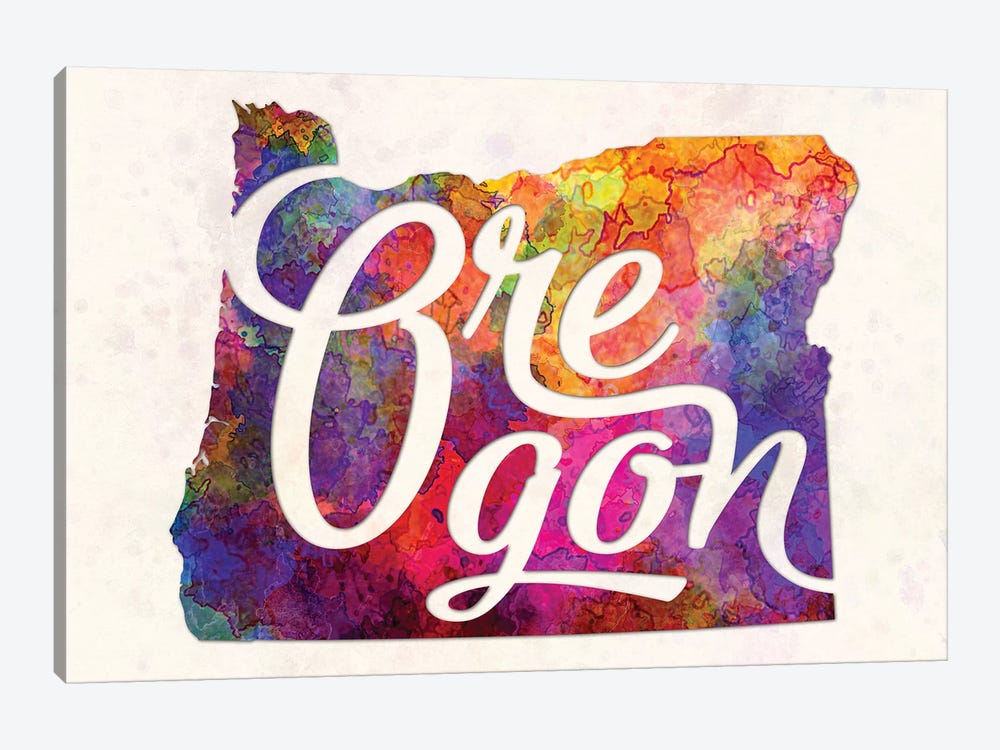 Oregon US State In Watercolor Text Cut Out by Paul Rommer 1-piece Canvas Art Print