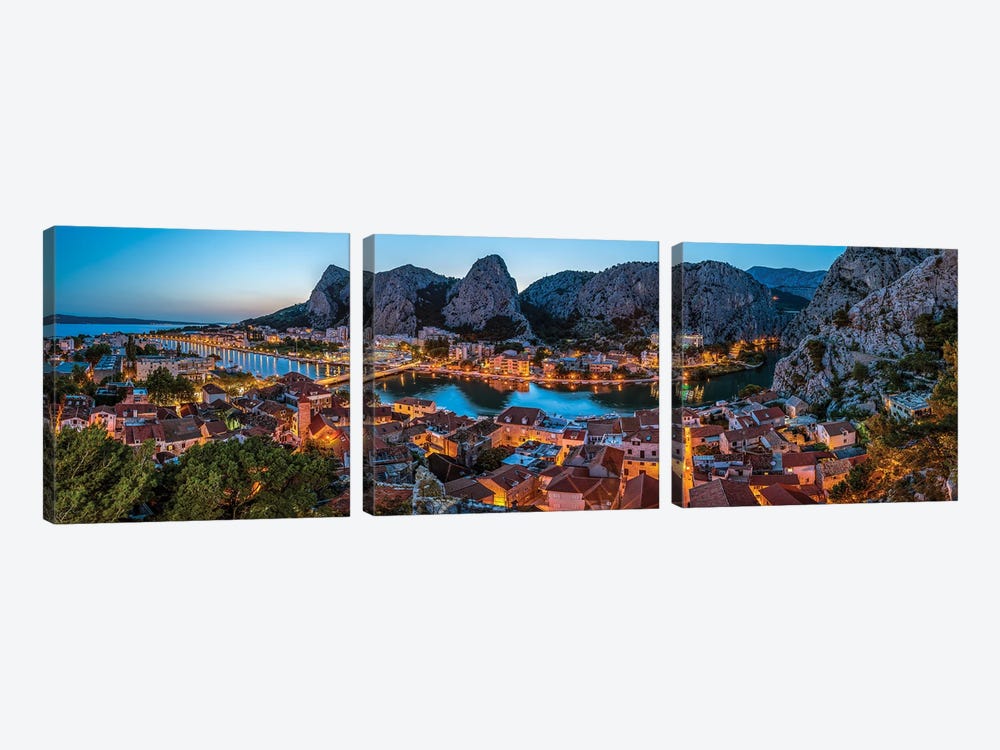 Aerial Panorama Of Omis And Cetina River Gorge In The Evening Dalmatia Croatia by Paul Rommer 3-piece Canvas Artwork