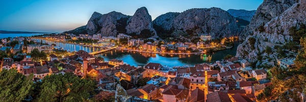 Aerial Panorama Of Omis And Cetina River Gorge In The Evening Dalmatia Croatia