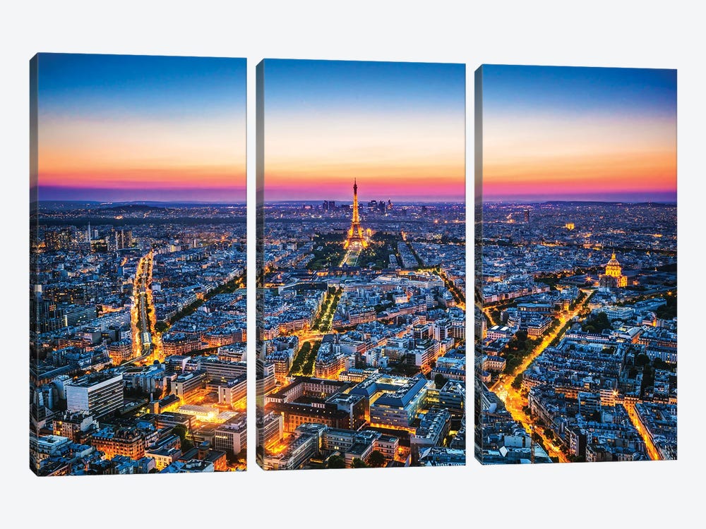 Paris France At Sunset Aerial View by Paul Rommer 3-piece Canvas Wall Art