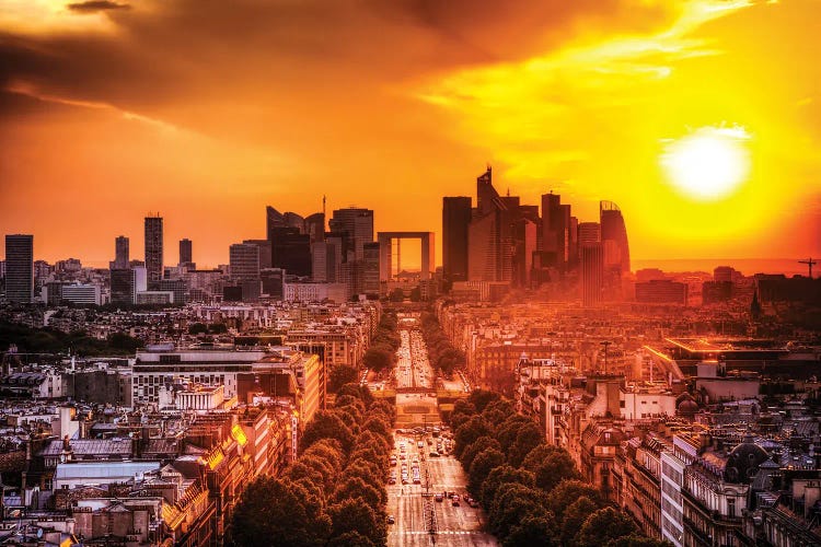 La Defense And Champs Elysees At Sunset In Paris France