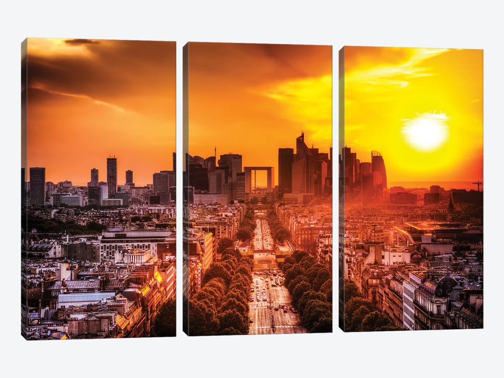 La Defense And Champs Elysees At Sunset In Paris France by Paul Rommer 3-piece Art Print