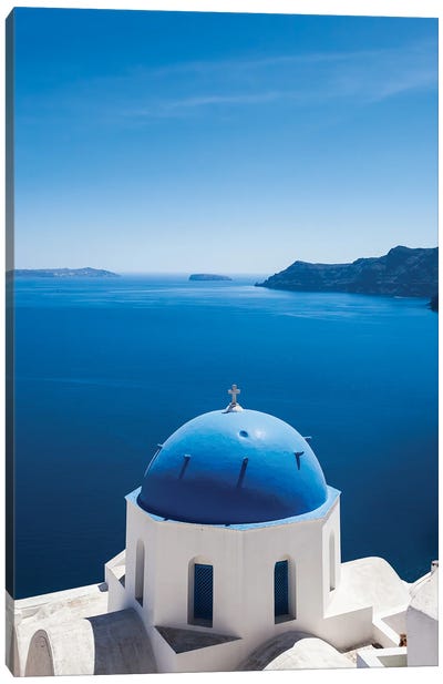 Island View Greece Canvas Art Print - Blue Domed Church Santorini