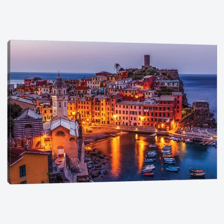 Aerial View On The Village Of Vernazza At The Morning Cinque Terre Italy Canvas Print #PUR5607} by Paul Rommer Canvas Wall Art