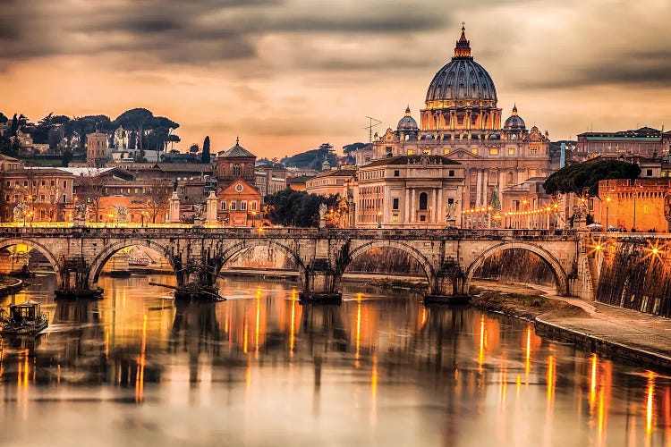 Illuminated Bridge In Rome Italy