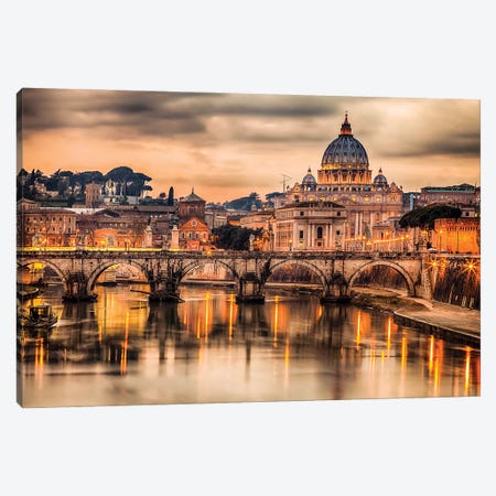 Illuminated Bridge In Rome Italy Canvas Print #PUR5610} by Paul Rommer Canvas Artwork