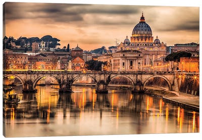 Illuminated Bridge In Rome Italy Canvas Art Print - Lazio Art