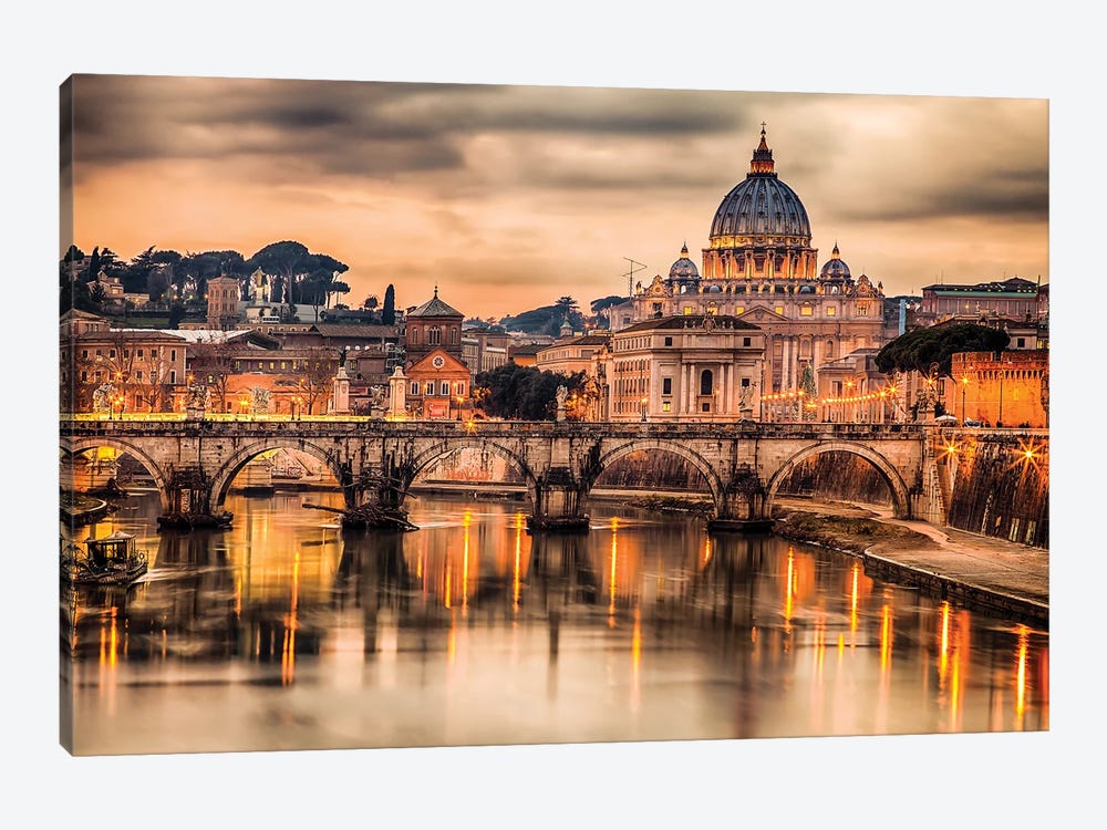 Illuminated Bridge In Rome Italy by Paul Rommer 1-piece Canvas Art Print