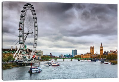 London England The Uk Skyline London Eye Big Ben River Thames Canvas Art Print - Ferris Wheels
