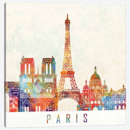 Paris Landmarks Watercolor Poster Canvas Print #PUR563} by Paul Rommer Art Print