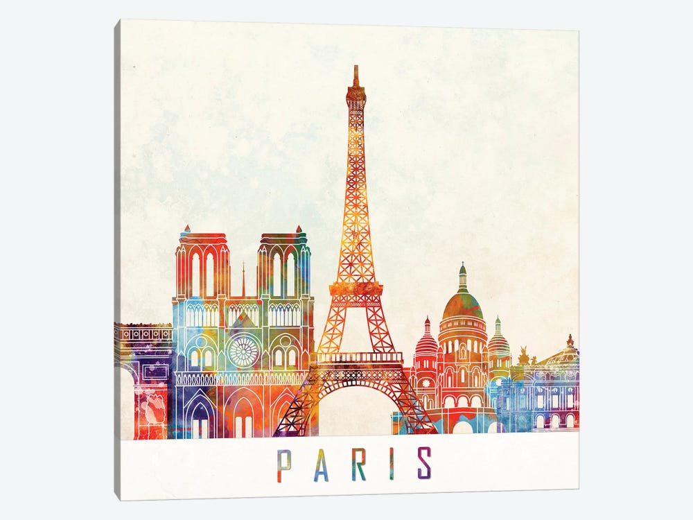 Paris Landmarks Watercolor Poster by Paul Rommer 1-piece Canvas Art