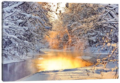 The River In The Winter At Sunset Canvas Art Print - Snowscape Art