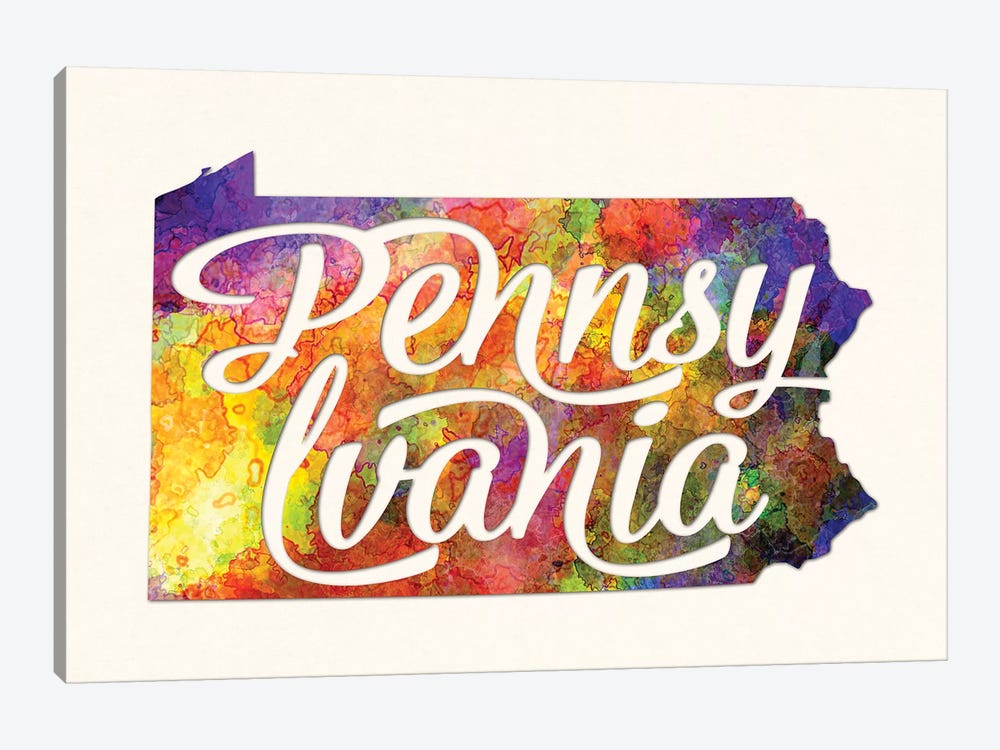 Pennsylvania US State In Watercolor Text Cut Out by Paul Rommer 1-piece Canvas Wall Art