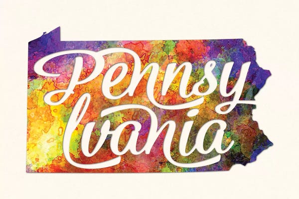 Pennsylvania: Pennsylvania US State In Watercolor Text Cut Out by Paul Rommer