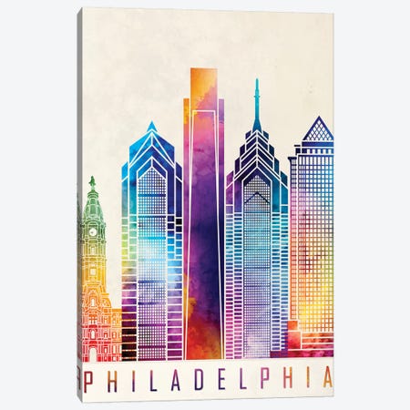 Philadelphia Landmarks Watercolor Poster Canvas Print #PUR572} by Paul Rommer Canvas Wall Art