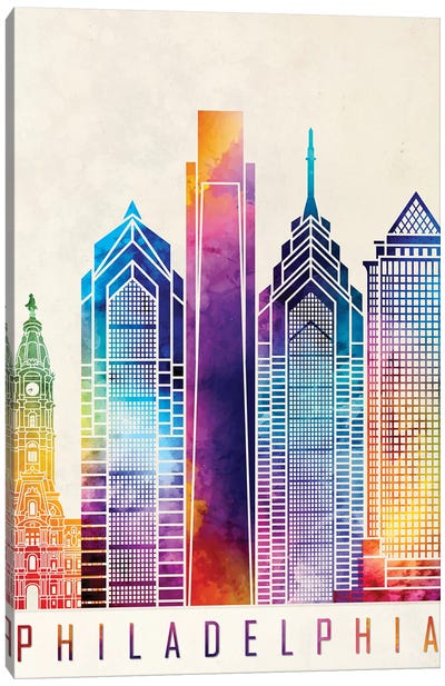Philadelphia Landmarks Watercolor Poster Canvas Art Print - Philadelphia Skylines