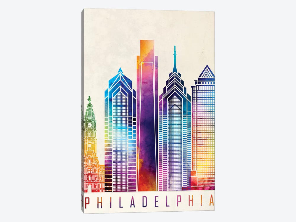 Philadelphia Landmarks Watercolor Poster by Paul Rommer 1-piece Canvas Artwork