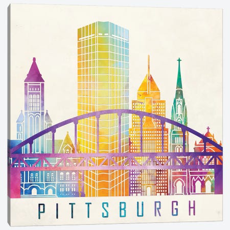 Pittsburgh Landmarks Watercolor Poster Canvas Print #PUR576} by Paul Rommer Canvas Art Print
