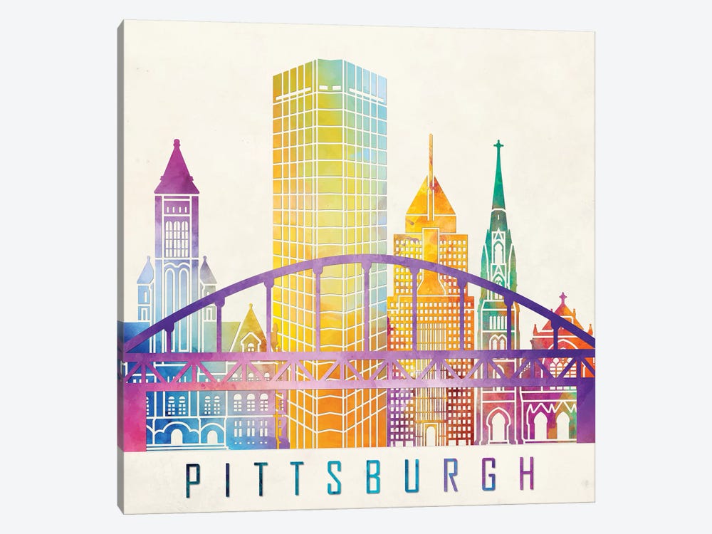 Pittsburgh Landmarks Watercolor Poster by Paul Rommer 1-piece Canvas Artwork