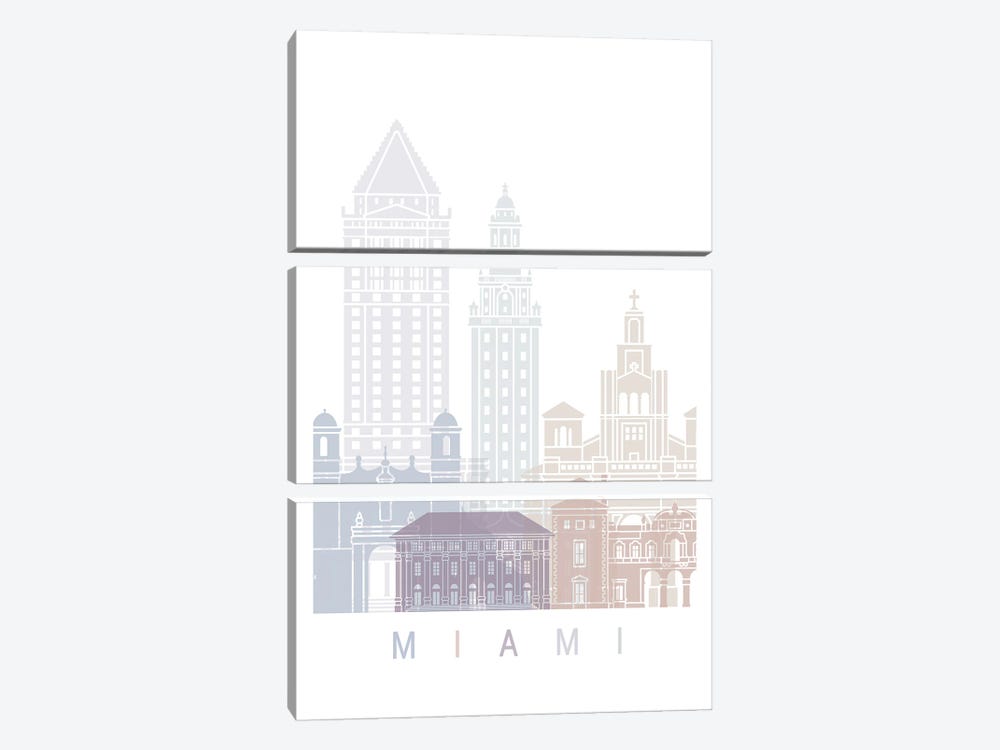 Miami Skyline Poster Pastel by Paul Rommer 3-piece Canvas Wall Art