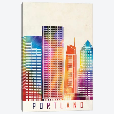 Portland Landmarks Watercolor Poster Canvas Print #PUR587} by Paul Rommer Canvas Artwork