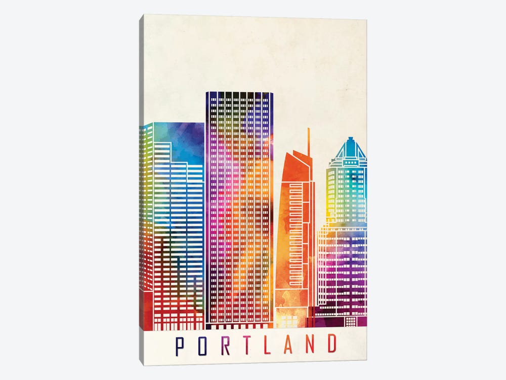 Portland Landmarks Watercolor Poster by Paul Rommer 1-piece Canvas Wall Art